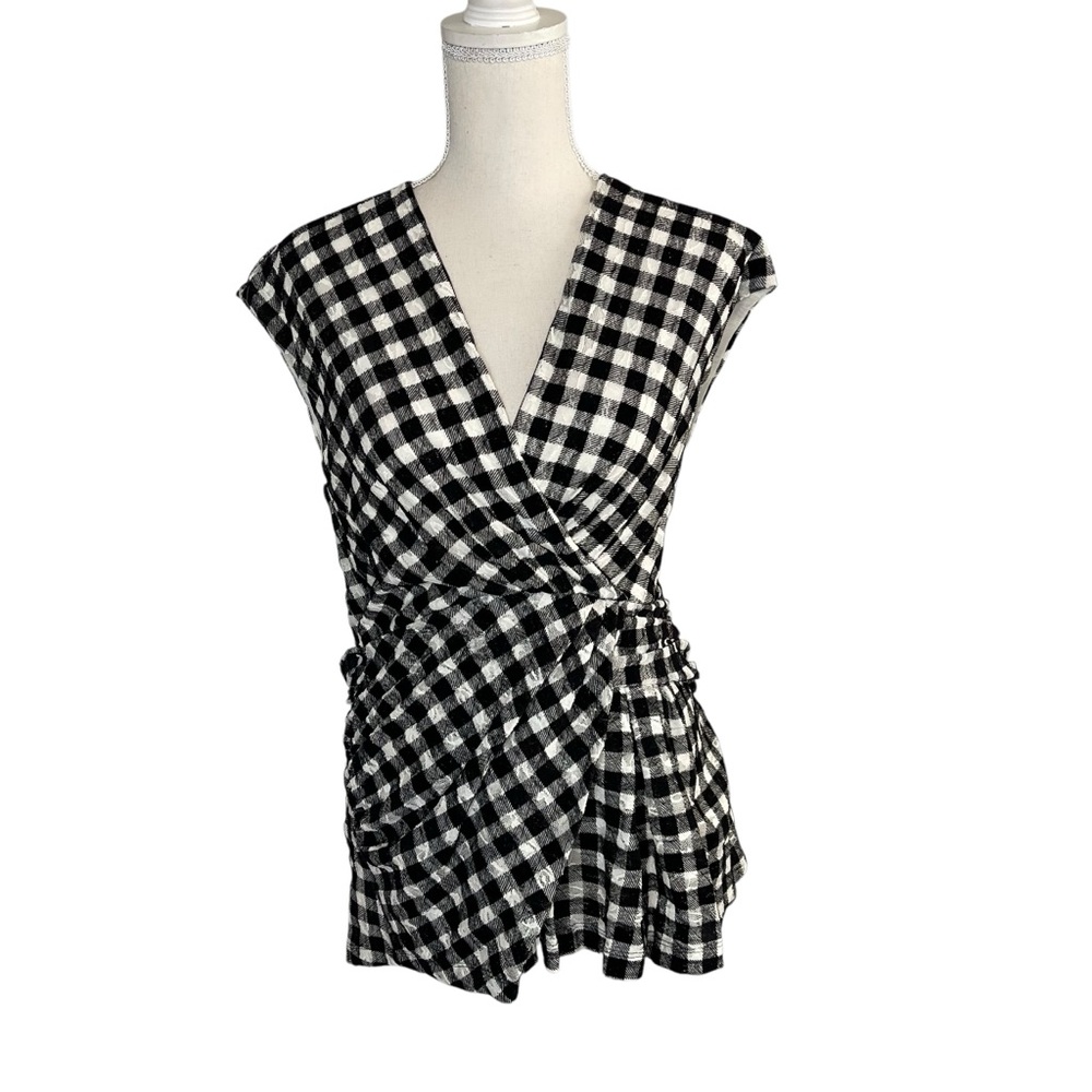 Deletta Black and White Gingham Wrap-Style Cap Sleeve Blouse